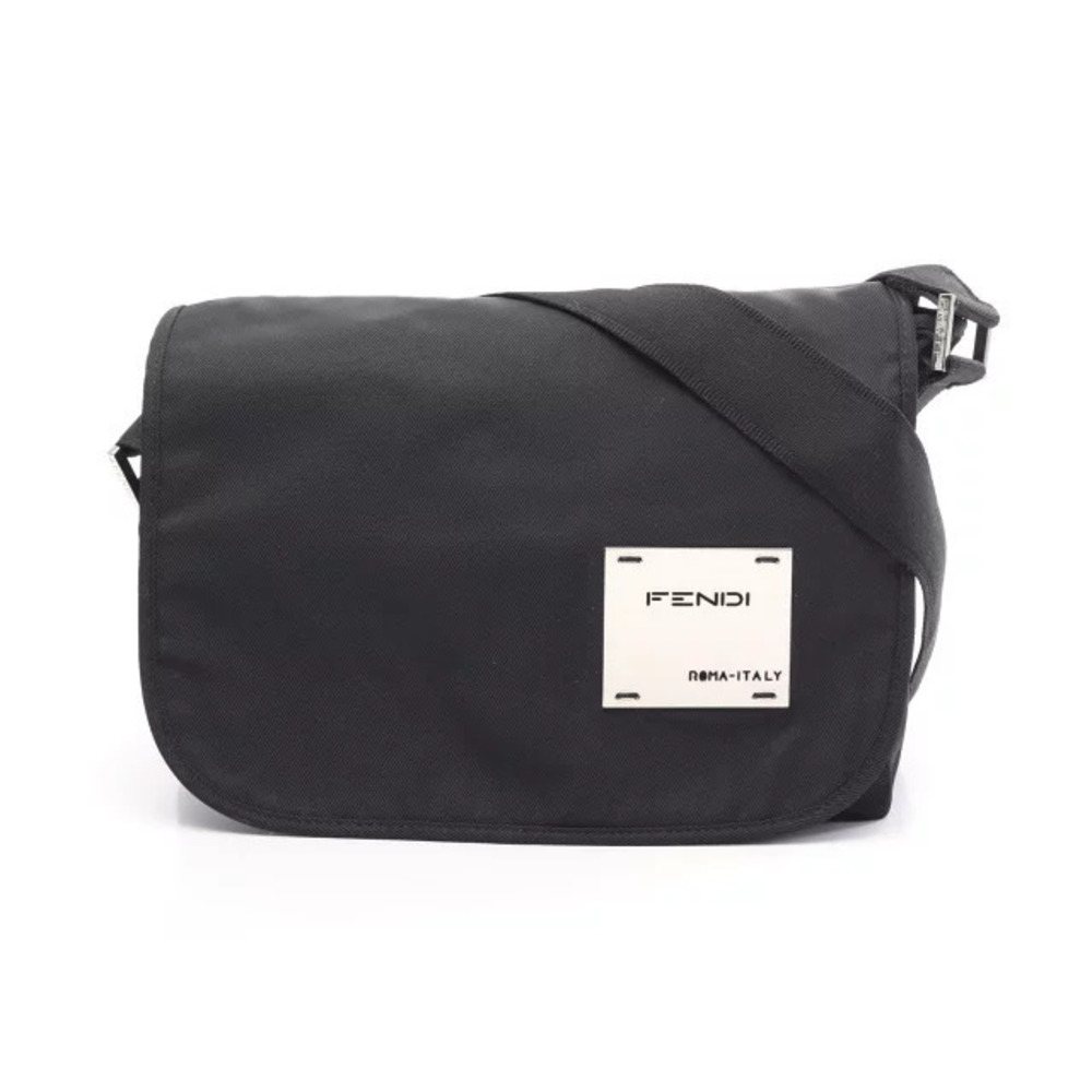 Fendi logo plate messenger shoulder bag black contrast logo plaque